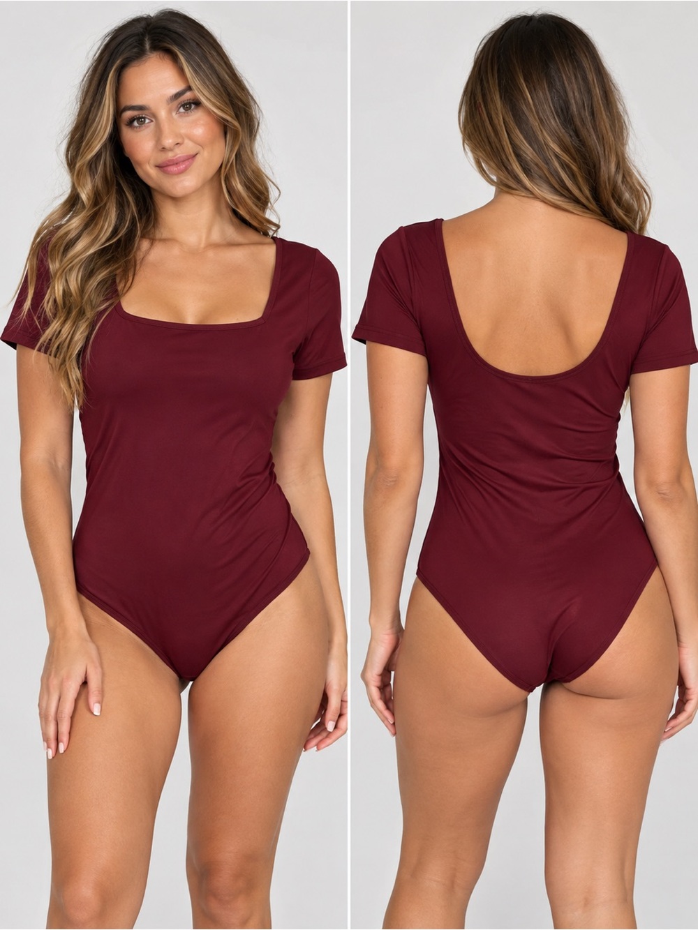 NWT Aerie SMOOTHEZ Short Sleeve Square Neck Bodysuit Burgundy Size L